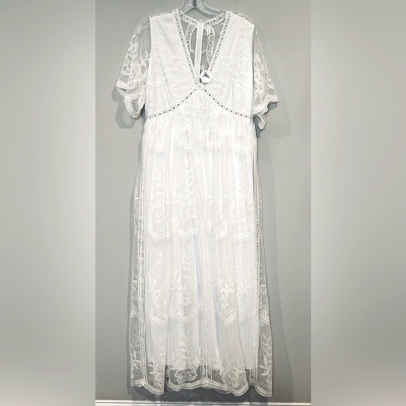 Pink Blush Lace Maternity White Maxi Dress with Sheer Flutter Sleeves - Picture 2 of 10